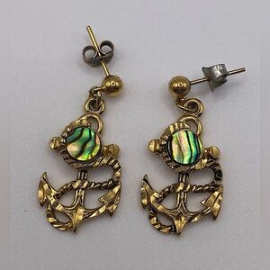 Anchor Design Gold Tone Earrings with Abalone Shell